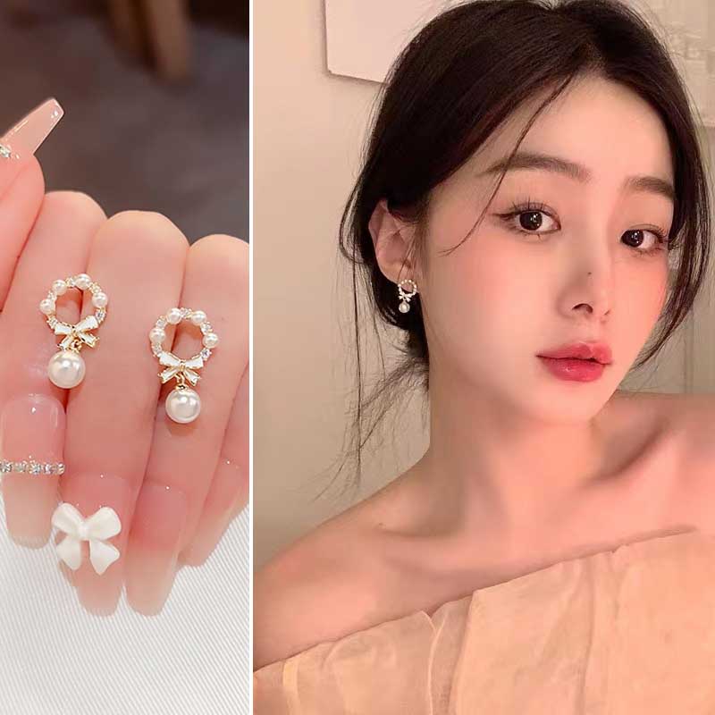 Korea Sederhana Elegan Anting Pejantan Jatuhkan Jumbai Juntai Busur Diamomd Mutiara untuk Perhiasan Fashion Wanita Perak S925 Emas Earrings