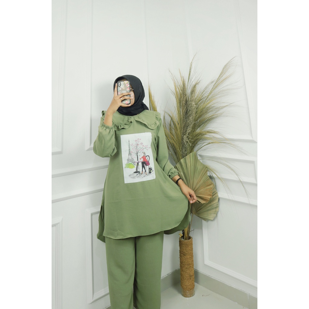 SAKURA SET BAHAN CRINKLE APLIKASI SABLON UKURAN M L XL XXL SETELAN TERBARU WANITA 2022 KEKINIAN ONE SET JUMBO WANITA KOREAN STYLE SET HITAM CELANA DAN ATASAN FASHION MUSLIM