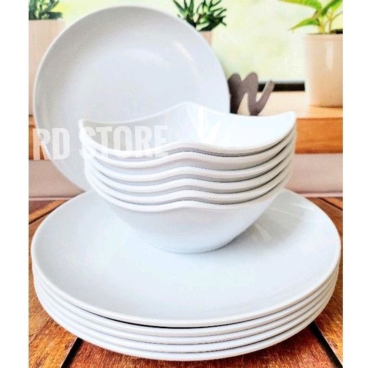 PROMO SET 12.PCS 6.PIRING MAKAN 6.MANGKOK SAYUR MELAMINE POLOS