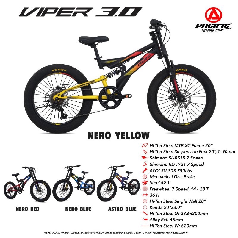 Sepeda Gunung MTB PACIFIC VIPER 3.0 Ban Jumbo 3.0 Ukuran 20 Inch Suspensi