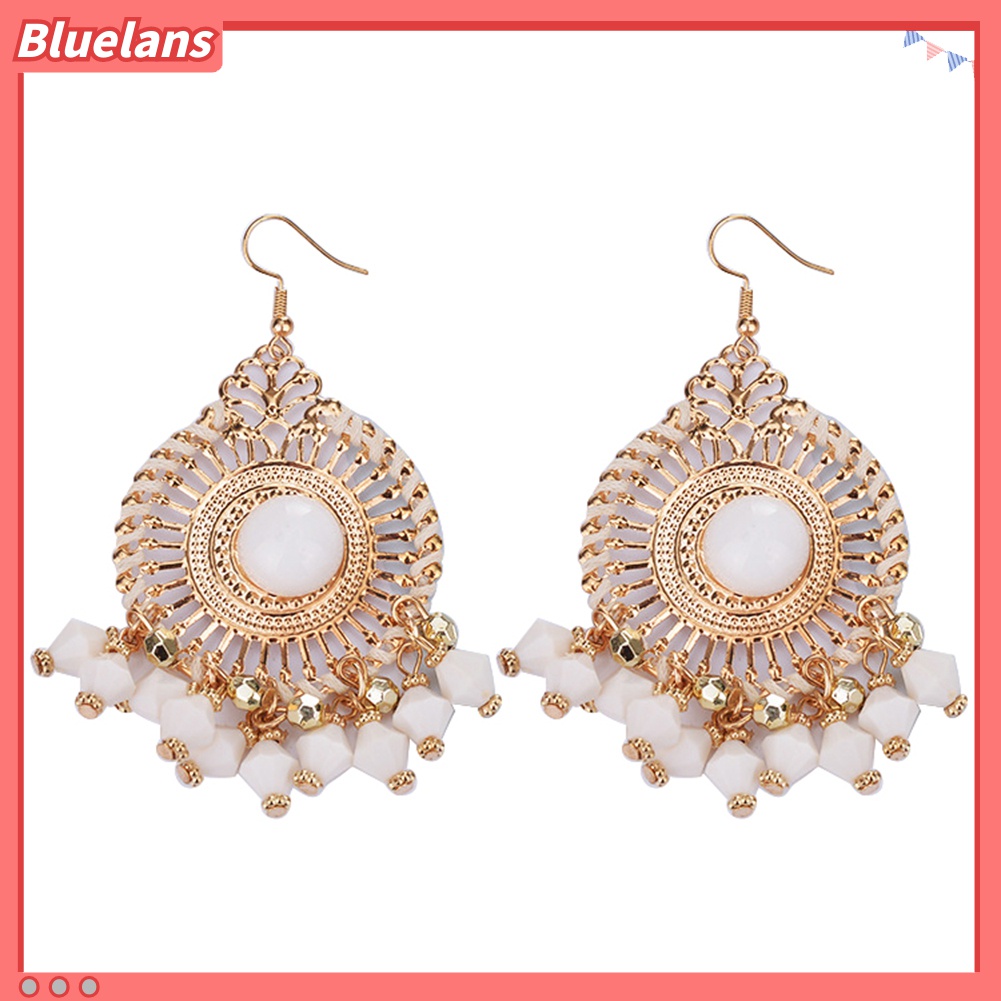 Bluelans Anting Kait Gantung Wanita Desain Rumbai Manik Bulat Gaya Bohemia Retro