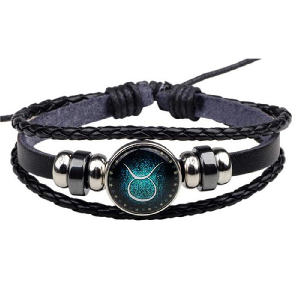 Timekey Gelang Tali Kulit Kepang Multilayer Dengan Charm Bulat Motif Zodiak Untuk Priawanita W9Z1