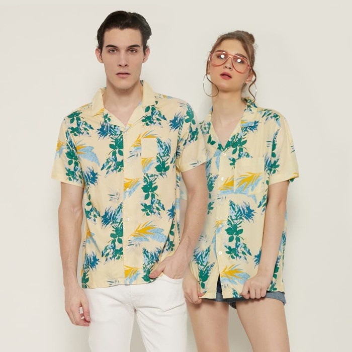 KEMEJA PRIA M231 Kemeja Printing Hawai Motif Daun Warna Kuning 0549A - XL PREMIUM TERLARIS TERBARU K