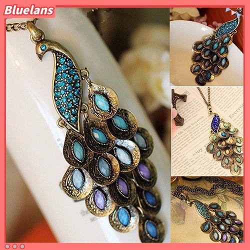 Bluelans Kalung Rantai Panjang Liontin Burung Merak Bahan Alloy Aksen Berlian Imitasi Gaya Vintage Untuk Wanita