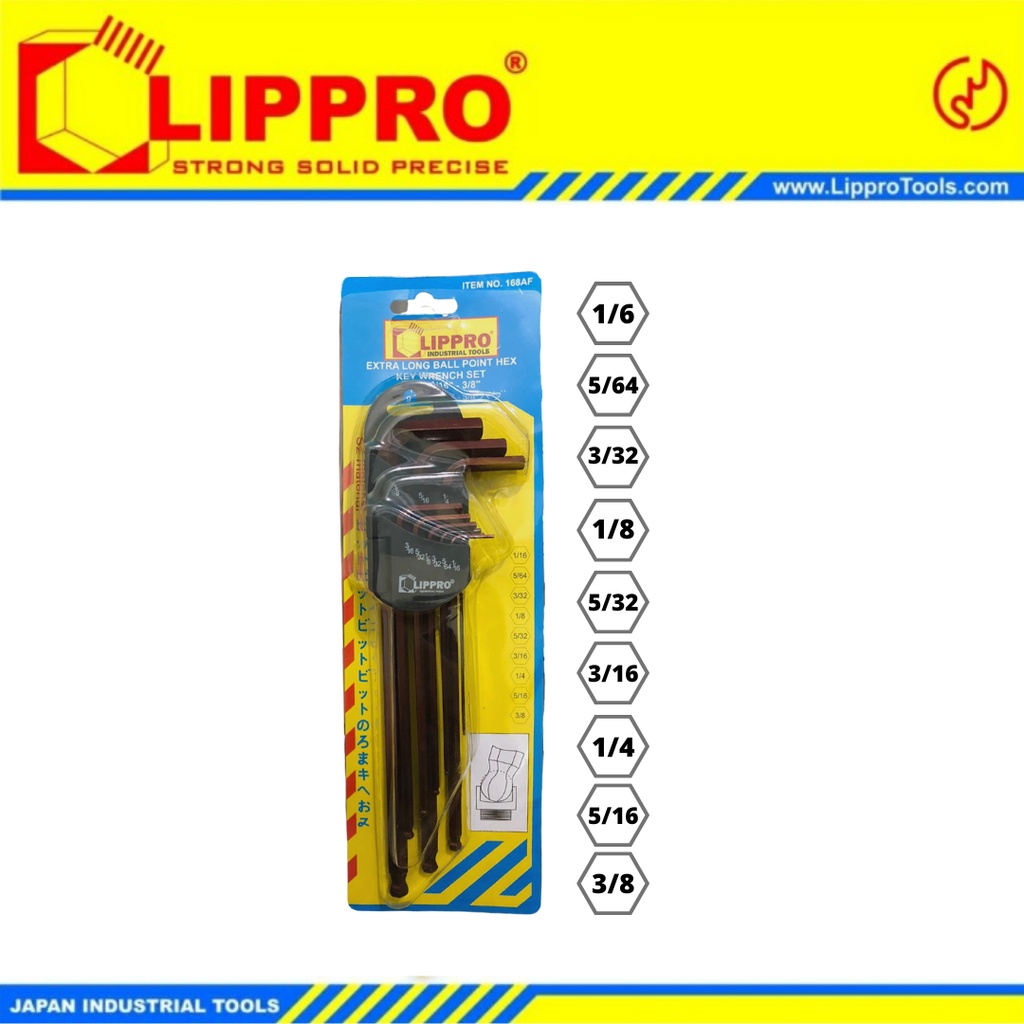 LIPPRO 168AF Set Kunci L 9pcs Extra Long Hex Key with Ball Point 1/16&quot;-3/8&quot;