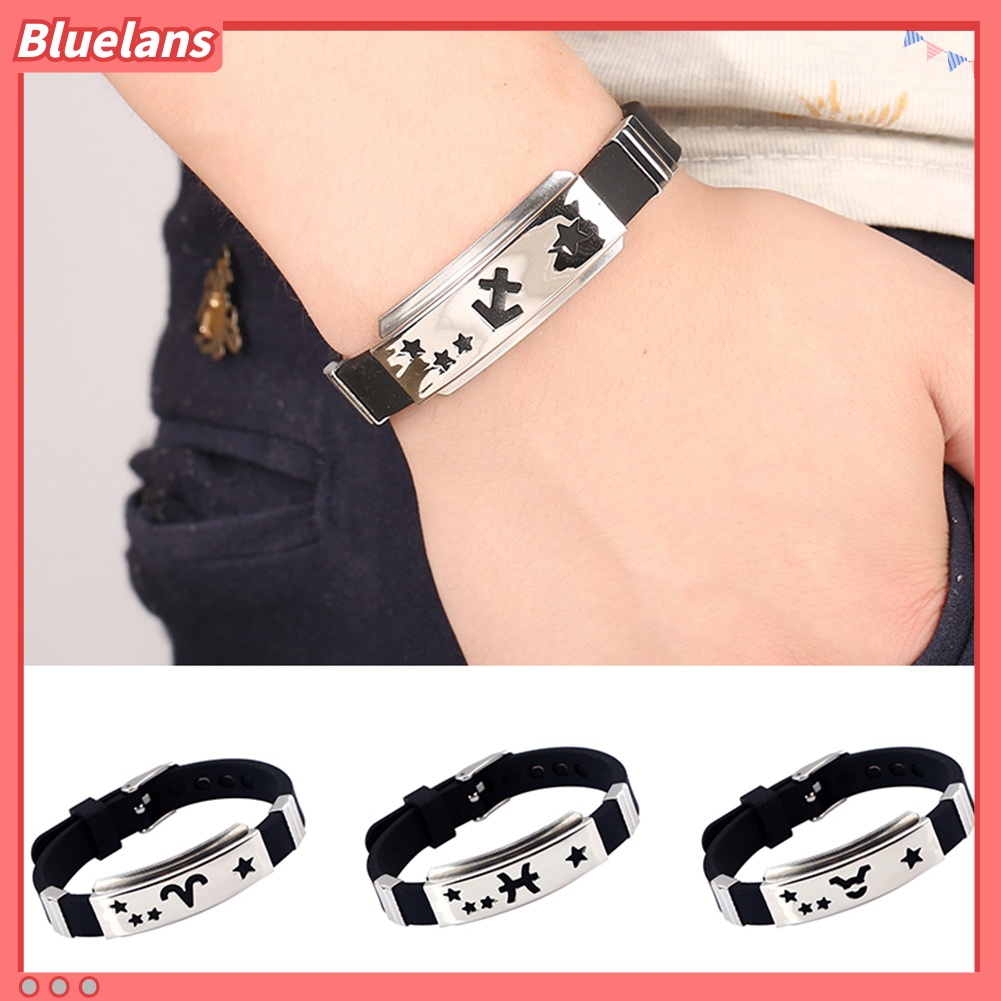 [bluelans]Men's Horoscope Stainless Steel Silicone Wristband Bangle Clasp Cuff Bracelet