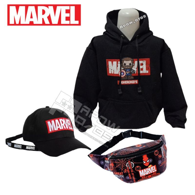 New COD (Bayar Di tempat) Jaket Sweater Hoodie MARVEL 4in1 Dapat Tas Waistbag Topi Baseball Dan Jam Tangan