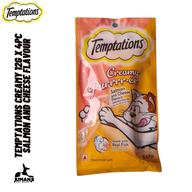 Temptations Creamy Purrrr-ee Treats Salmon and Cheese Flavors 12gr x 4pc (Cream) - Cemilan Snack Tre