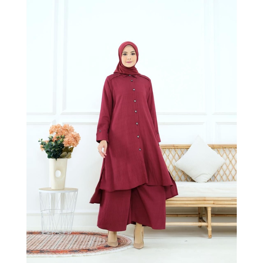 Setelan Atasan dan celana Mecca Set Kancing // Bahan (Bella Linen + Celana kulot lebar)