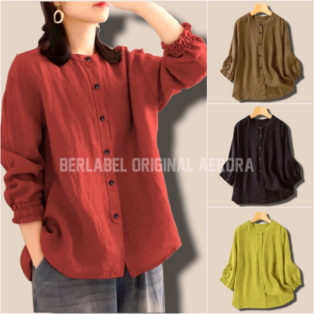 Jennia Kemeja Blouse Linen Polos Jumbo Kerah Shanghai Oversize Shirt Wanita Basic Premium Korean Style Kekinian Ld 120 PJ 65