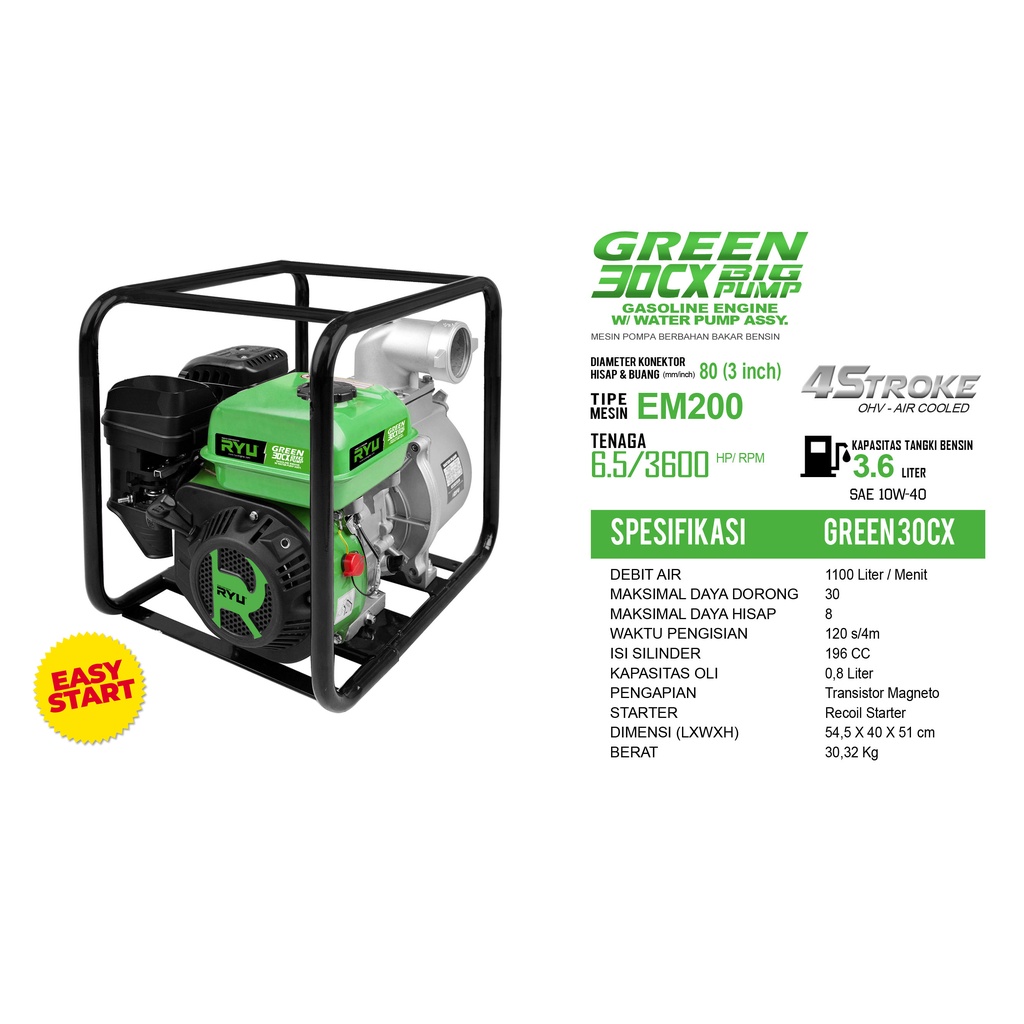 MESIN POMPA AIR/GASOLINE WATER PUMP GREEN30CX - TEKIRO RYU