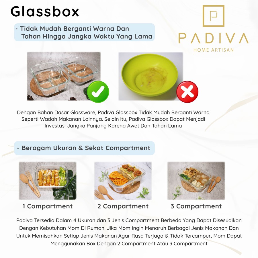 Padiva 1040ml Pink Mix 2+3compartments Crystal Glassbox - Kotak kaca tahan panas microwave tempat bekel glass box