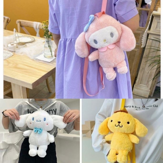 Tas ransel boneka Cinnamoroll melody pompom purin tas ransel lolita bulu kawaii import sanrio