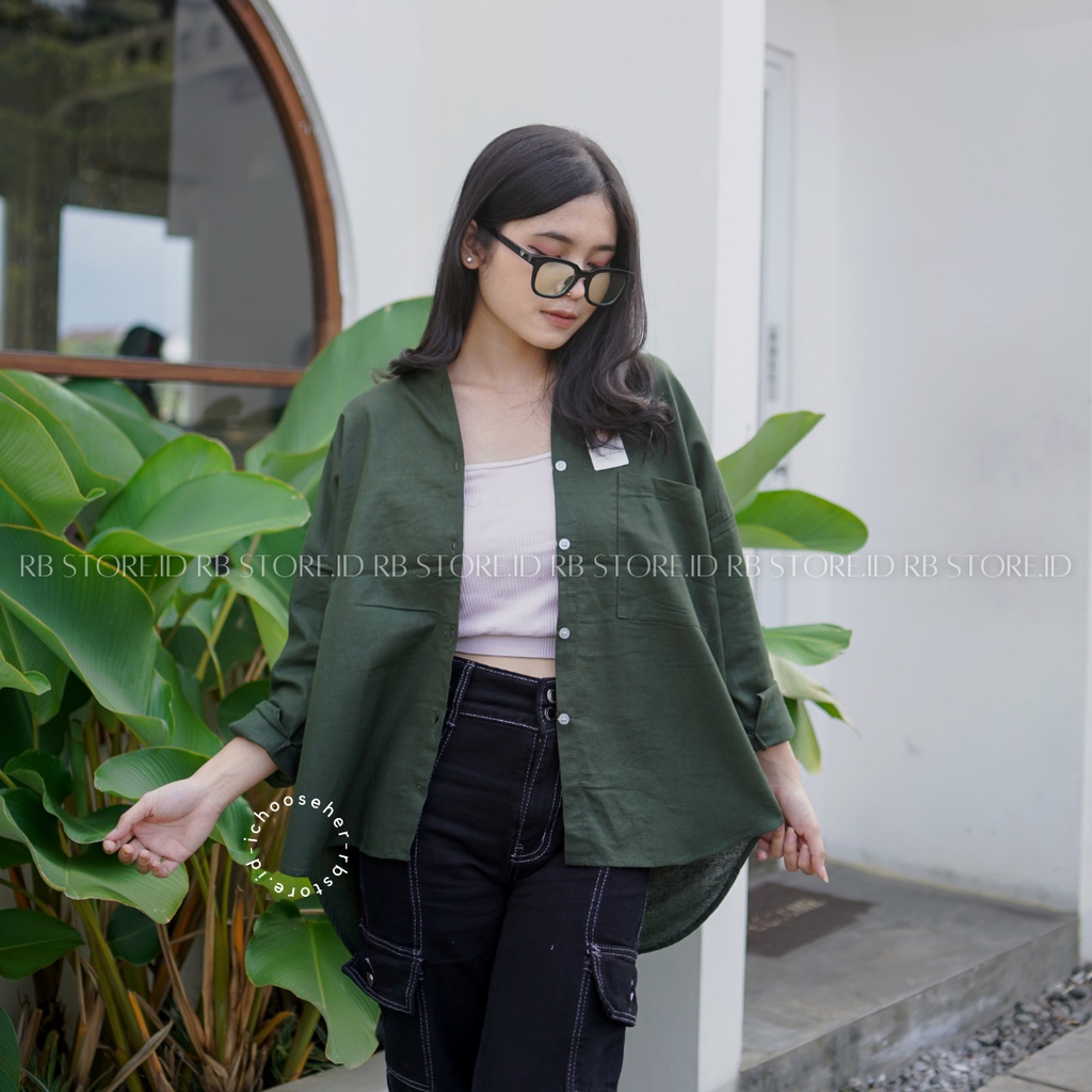 Kemeja Wanita Linen Oversize Olivia Shirt Linen Pocket-OLIVIA ARMY