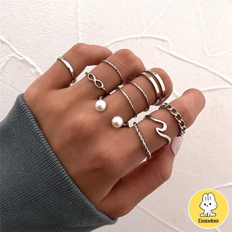 10 Buah Set Wanita Kreatif Sederhana Manik-manik Ganda Cincin Gabungan Geometri Gelombang Mutiara -Doo
