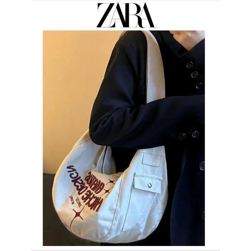 ☞ZARA tas wanita baru trendi tas kanvas berkapasitas besar bahu tas penyimpanan bordir diagonal kelas komuter tote bag