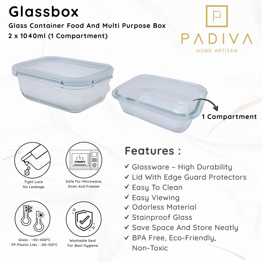 Padiva 1040ml (2pcs) Glassbox 1 compartment - Kotak kaca microwave tempat bekal glass box 1.040 ml
