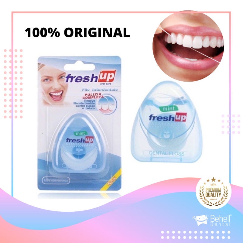 DENTAL FLOSS ESSENTIAL GULUNGAN 50m 50 meter MINT FRESH UP . BENANG GIGI ESENTIAL BOX FRESHUP . SIKAT SELA CELAH BEHEL ORTHO KAWAT ROLL - Penghilang Sisa Makanan Di Gusi . Anti bau mulut dan Pembersih plak Behelldental