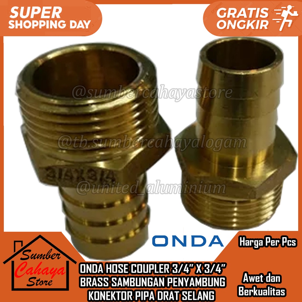 HOSE COUPLER ONDA KUNINGAN 3/4” X 3/4” BRASS SAMBUNGAN PENYAMBUNG KONEKTOR PIPA DRAT SELANG SLANG BR