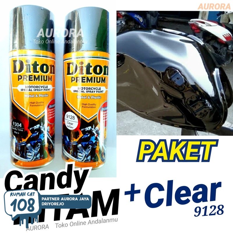 

Rumah Cat - PAKET Diton Premium Candy Tone Black 9304 + Clear Gloss 9128 / Candytone Hitam Kenditon Cat Semprot Pilok Pylox Pilox 400ml Rumah Cat Motor dan Mobil