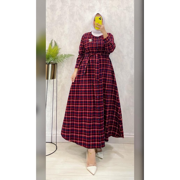 Alyssa Semi Dress Gamis Motif Kotak Kotak Flanel Import