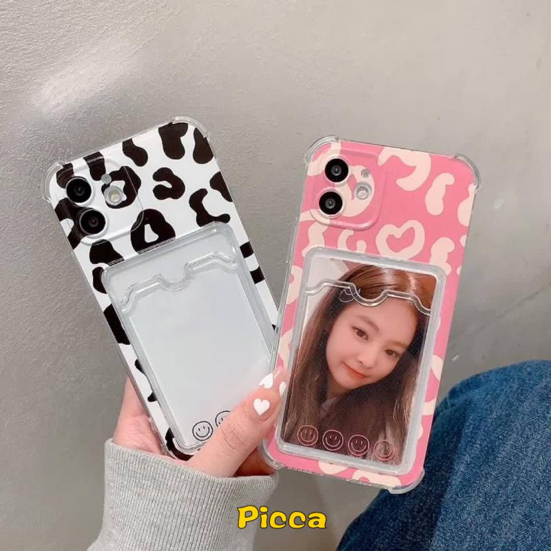 Casing Oppo A3S A54 A96 A5S A12 A55 A9 A5 2020 A15 A76 A7 A12E A35 A11K A16 A74 A15S A95 A36 A11 Reno 86 7 Simple Transparan Motif Leopard Tempat Kartu Foto Casing Hp Soft Cover