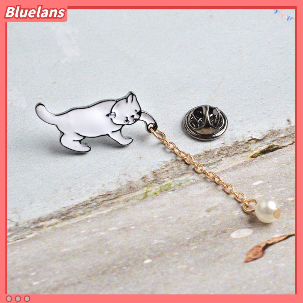 Bluelans Bros / Pin Bentuk Kucing dengan Rantai + Mutiara Imitasi untuk Aksesoris Perhiasan