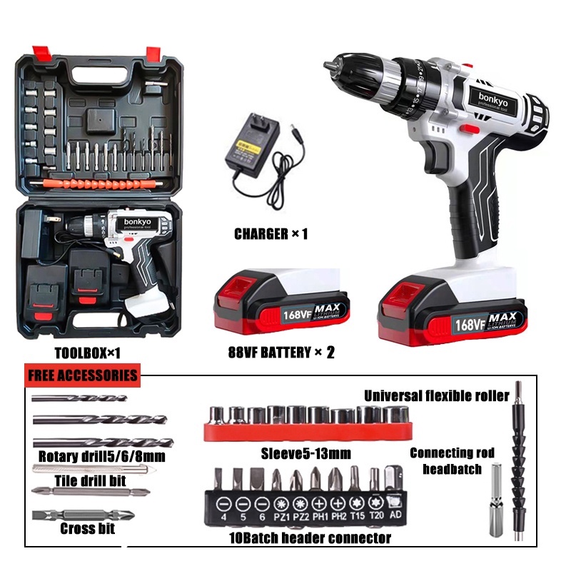 bonkyo 168VF Baterai dua ganda Mesin bor cordless/Elektrik Drill/ bor listrik/beton besi kayu full set pilihan Bor tanpa kabel