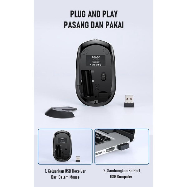 Mouse Wireless ROBOT M205 2.4G 1600DPI Receiver USB untuk PC Laptop
