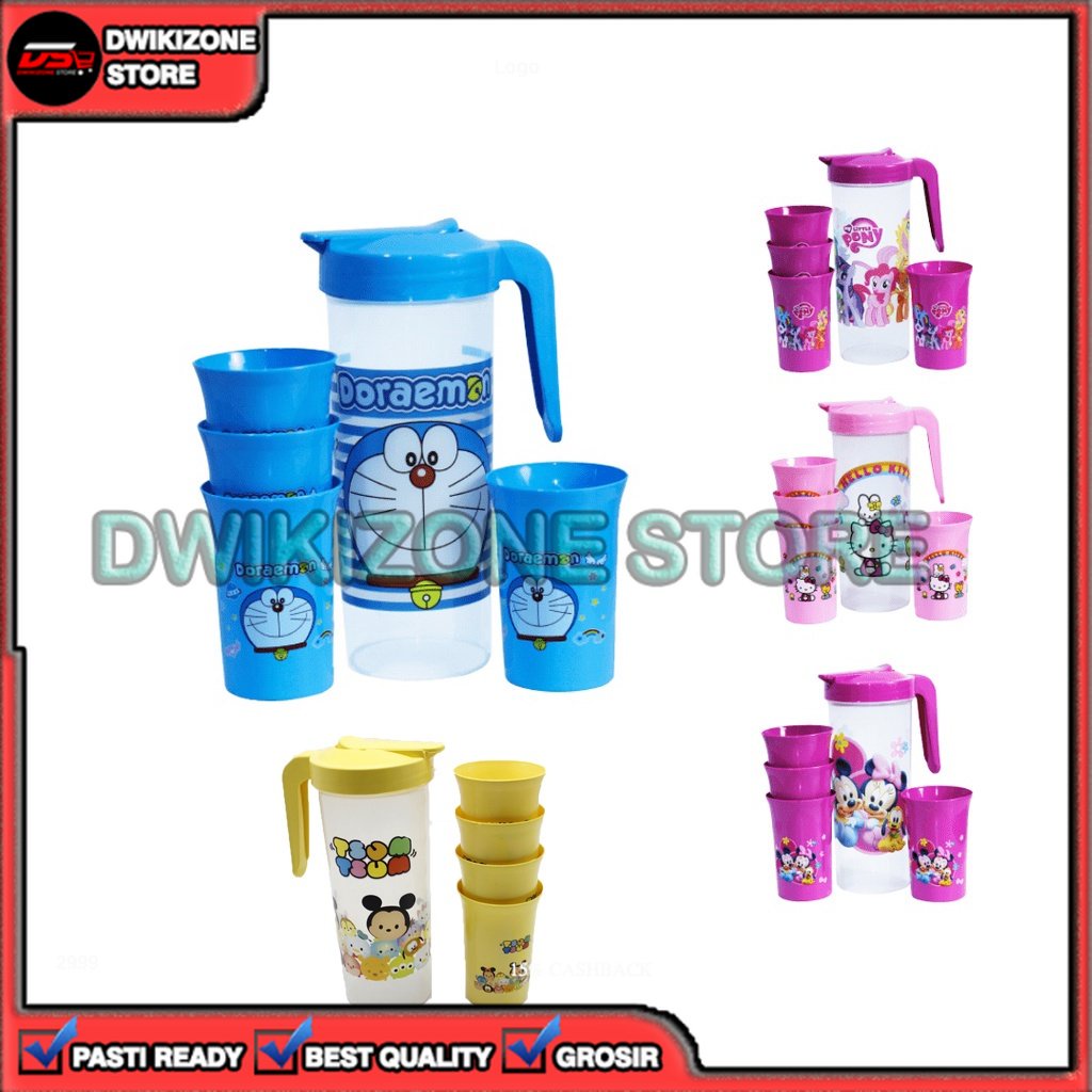 [GROSIR] TEKO GELAS PLASTIK BERANAK SET KARAKTER 5IN1 5 IN 1 CANGKIR KETEL TEMPAT MINUM UNIK BPA FREE