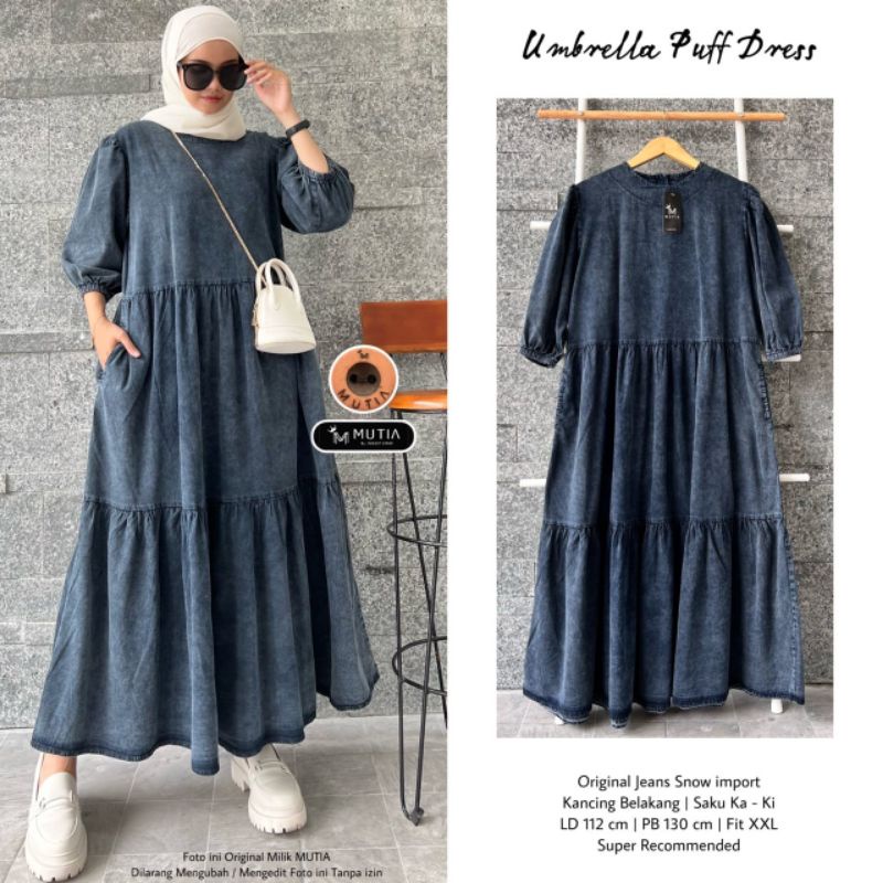 UMBRELLA PUFF DRESS BY MUTIA / DRESS JEANS MUSLIMAH REKOMENDED / Gamis jeans wanita jumbo