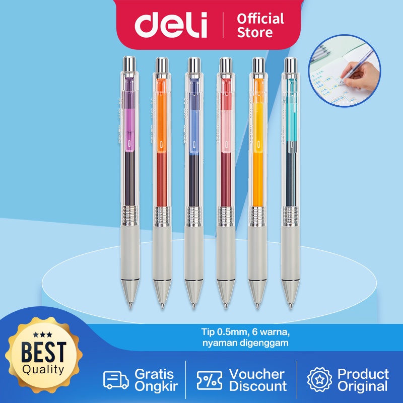 

Deli Gel Pen Warna Netral, Ujung Bundar 6 Pcs/Box, Tinta Lancar A123