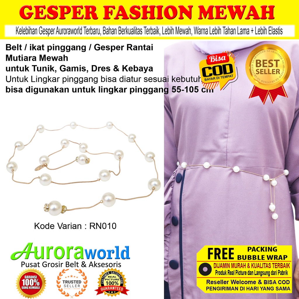 Auroraworld Belt wanita ikat pinggang mutiara gesper rantai perempuan mewah untuk dress gamis tunik tali pinggang cewek Fashion korea Terbaru bisa COD RN-1A