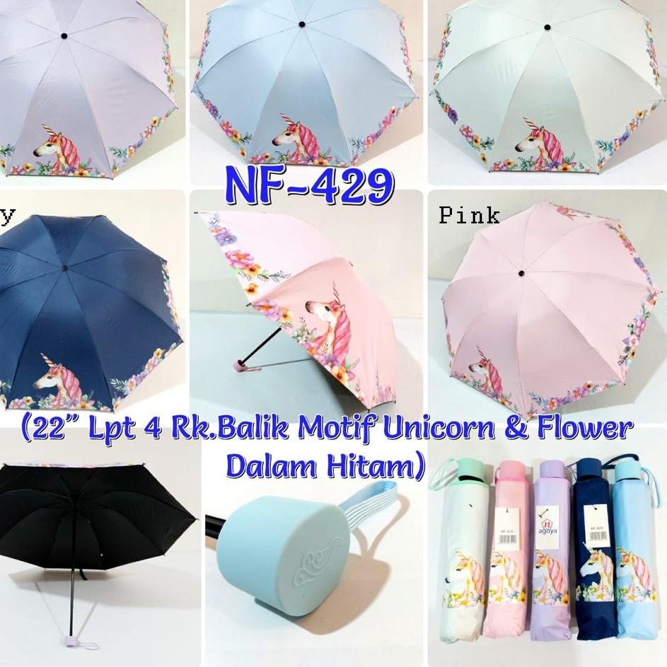 Cepat laku--Payung Lipat 4 Nagoya NF 429 Motif Unicorn & Flower Dalam Hitam