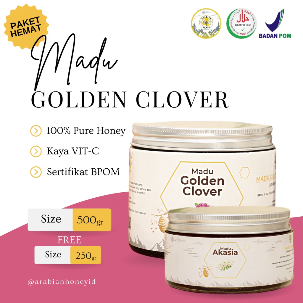 

Lebih Hemat!! Madu Golden Clover Honey 500gr - GRATIS Madu Akasia KASHMIR Premium 250gr - Madu Murni 100% - Kaya Vitamin C - Fresh Honey - Madu Anak