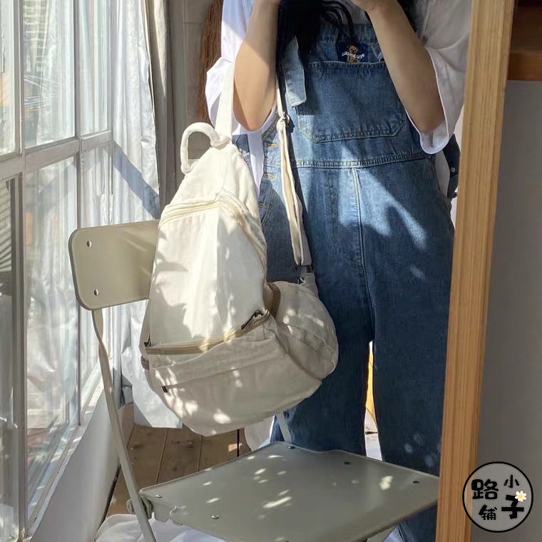 tas ransel import tas slempang cewek tas cantik kekinian ◘Sera Impor Jepang Dicuci Tas Kanvas Wanita Malas Angin Jatuh Ransel Kapasitas Besar Siswa Sekolahnya Putih Belum Dicetak Tas Kain Angin