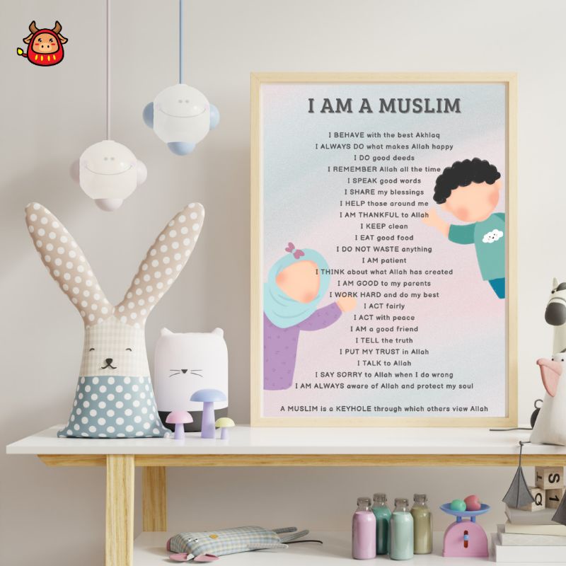 Poster Edukasi Mosleem kids anak agama Islam I am a Muslim hiasan dinding kamar area balajar