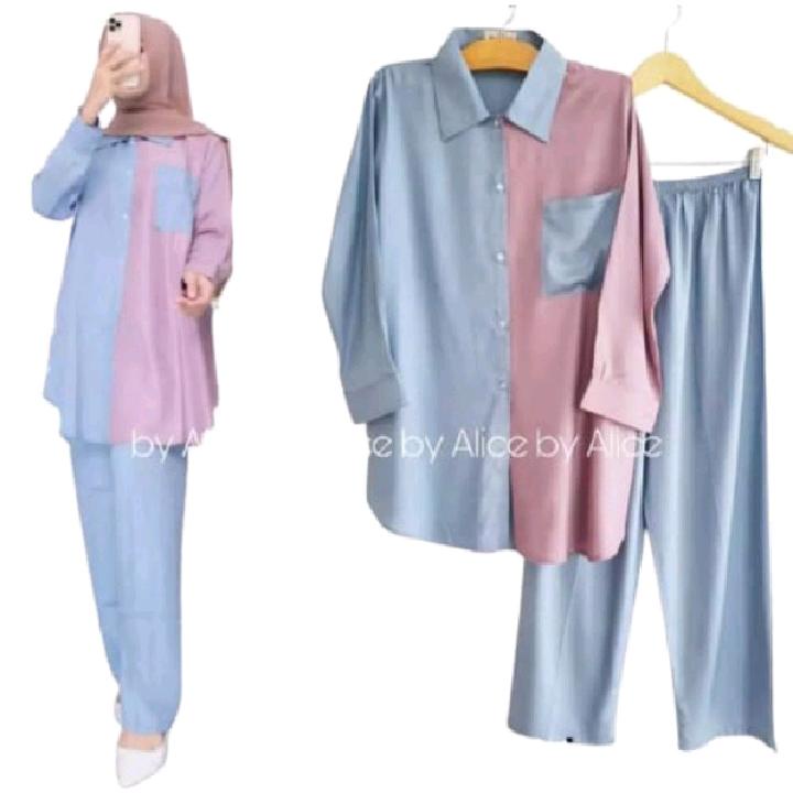 Setelan Basic / Baju Stelan / Basic Daily Set (Baju + Celana) Set Wanita Terbaru // Stelan Kemeja Polos Rayon Kombinasi LATIFA-FASHION006