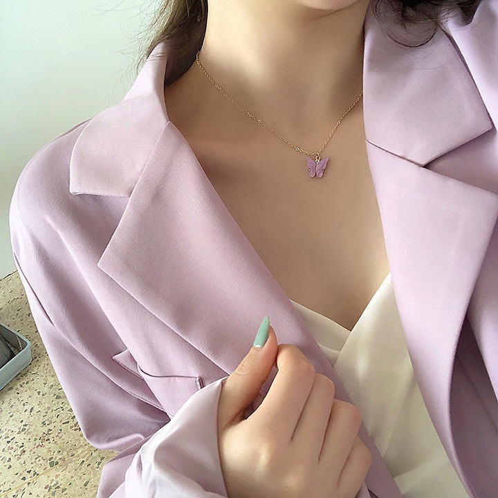 Butterfly Kalung Rantai Klavikula Desain Kupu-Kupu Warna Ungu Putih