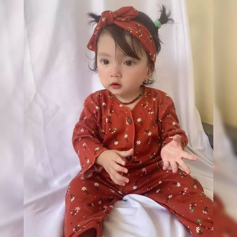 Piyama Anak Motif Bunga Free Bandana isi 3 set Pink Bata Lime