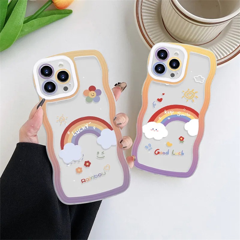 Soft Case TPU Transparan Pinggiran Gelombang Pelangi Cover iPhone 14 13 12 11 Pro Max X Xr Xs Max 8 7 6 6s Plus