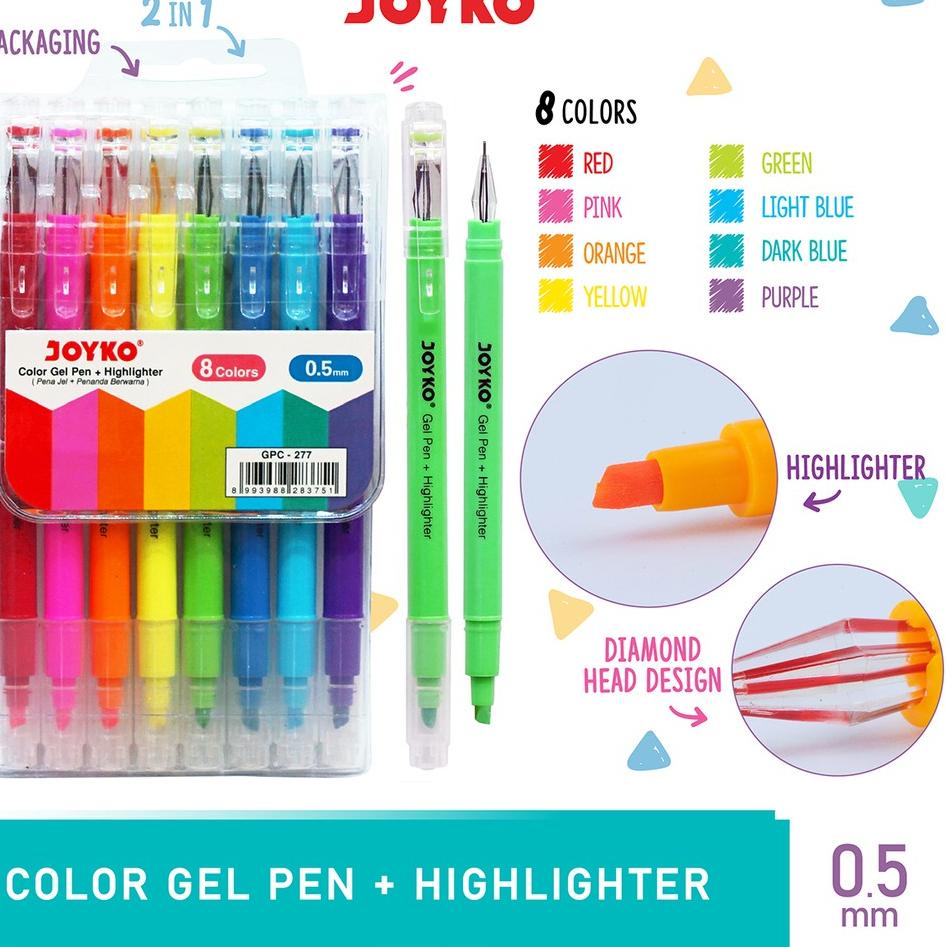 

Kualitas Terbaik Color Gel Pen Pena Jel + Highlighter Penanda Joyko GPC-277 8 Warna