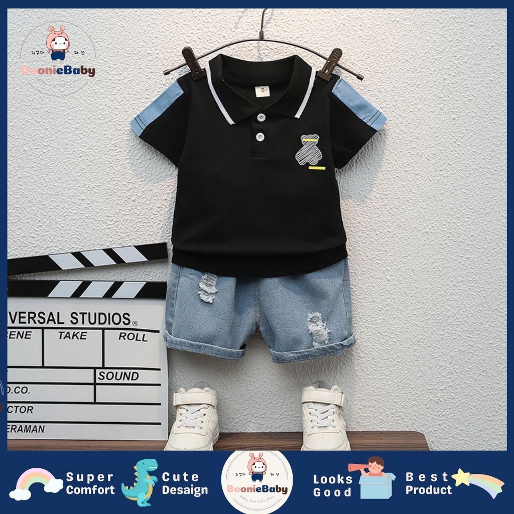 boonie [COD] setelan kaos polo celana pendek denim bear anak laki laki usia 1 2 3 4 5 fashion import SET SILVERBEAR