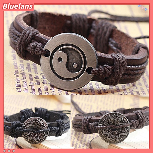 Gelang Rantai Tali Kulit Imitasi Motif Yin Yang Bahan Alloy Untuk Pria Dan Wanita