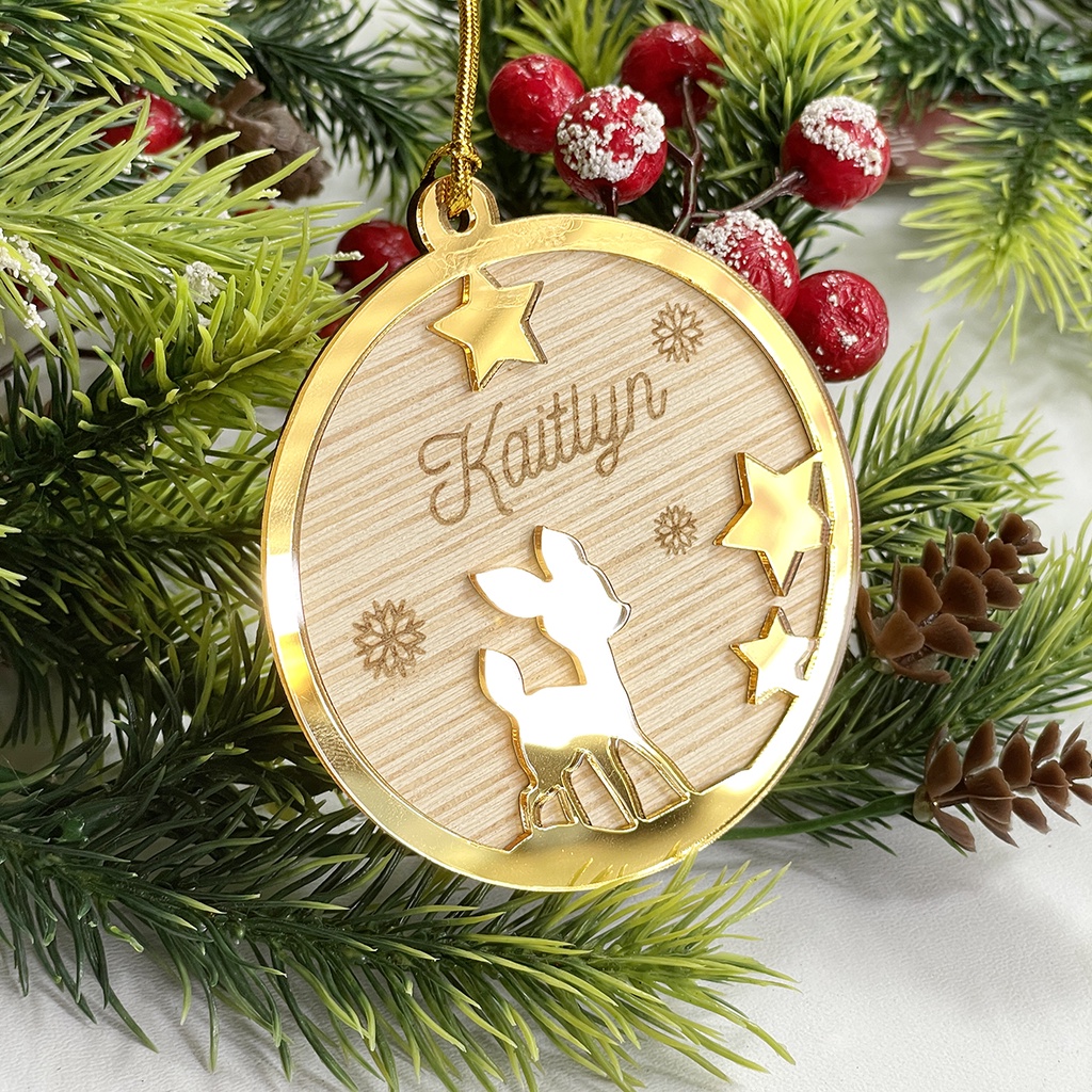 Gantungan Natal Christmas Ornament Custom Nama Grafir Kayu Akrilik Silver Gold Rosegold Fancy Plywood Kado Gift