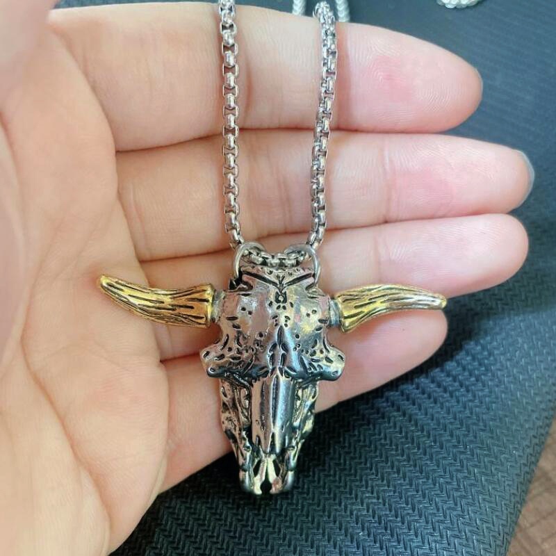 Kalung Liontin Bentuk Kepala Banteng Lapis Perak Gaya Rock Untuk Pria