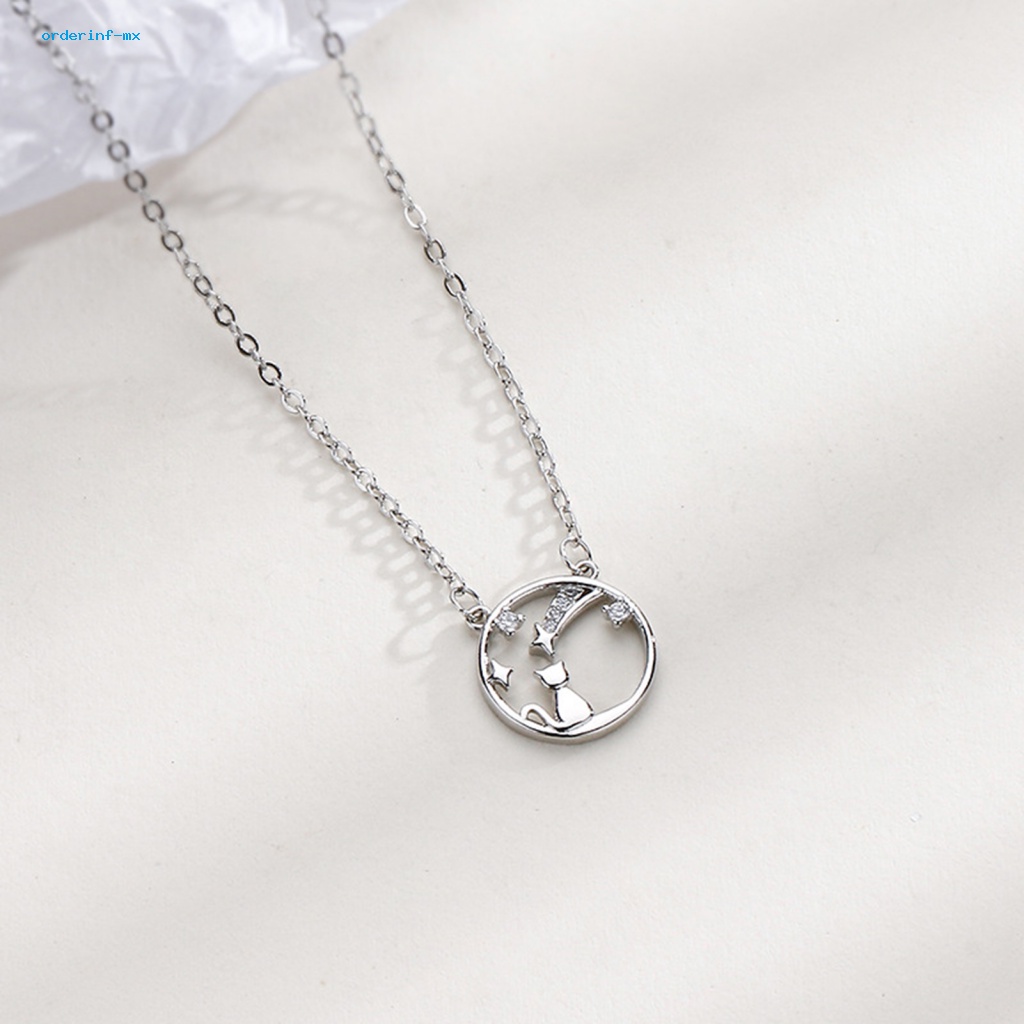 Kalung Rantai Klavikula Hias Liontin Bintang Kucing Aksen Berlian Imitasi Untuk Wanita