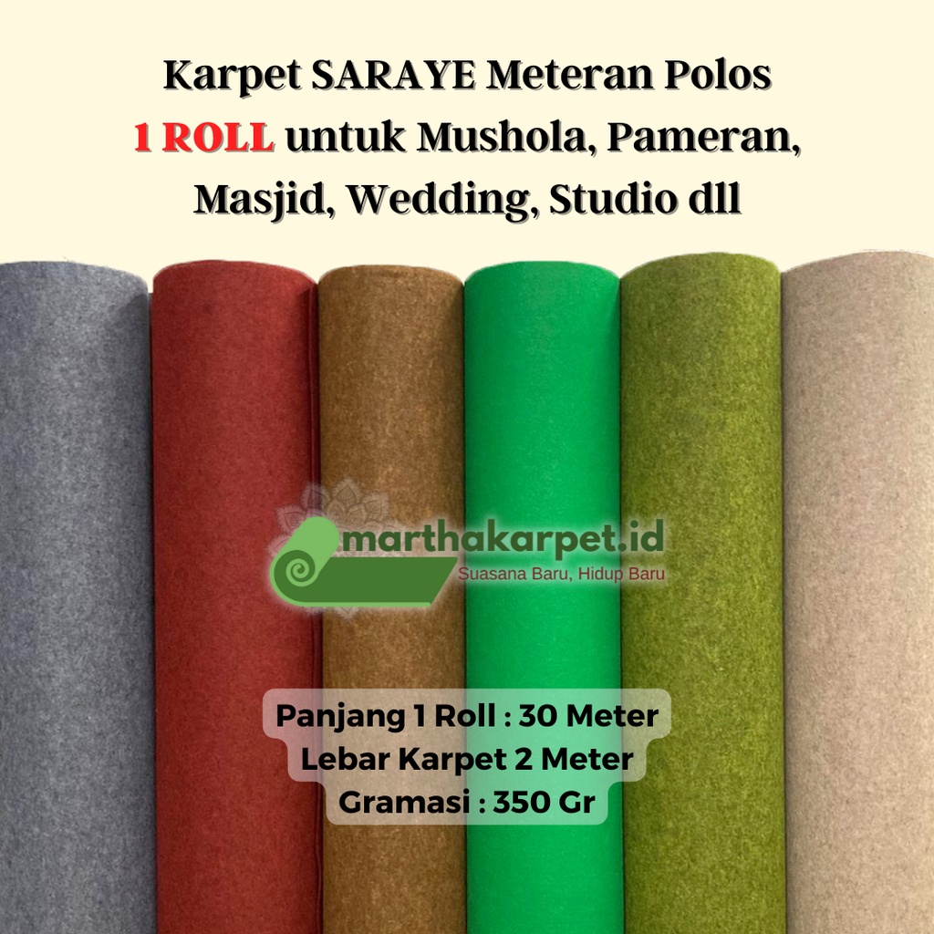 Karpet Brudu Polos SARAYE 1 ROLL Murah (Bazar, Mushola, Masjid, Pameran, Wedding) Lebar 2 Meter (30m