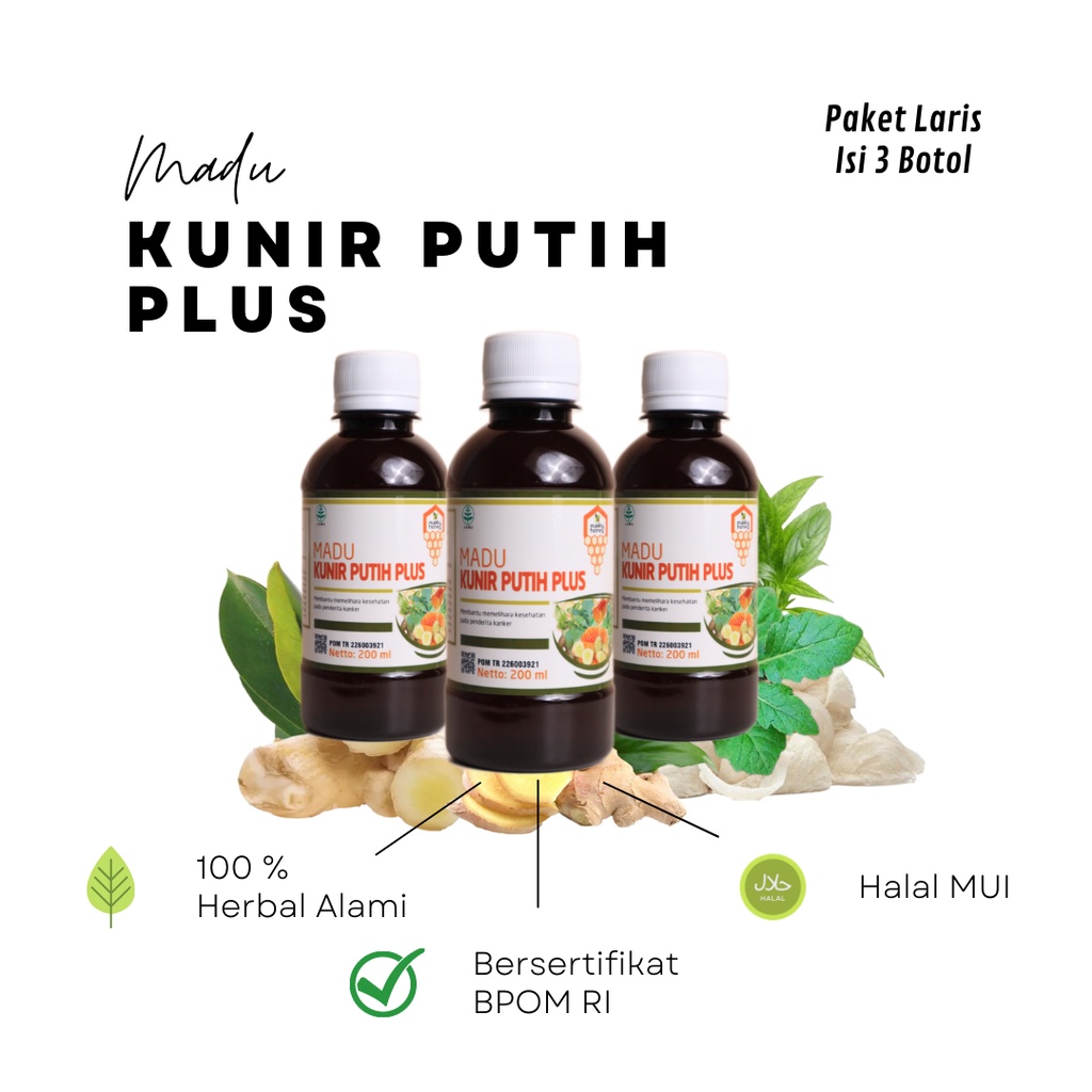 

Madu Kunir Putih Plus Madu Alami Bantu Lawan Kanker Tumor Kista 200 ml Original Halal BPOM Paket Laris Isi 3 Botol