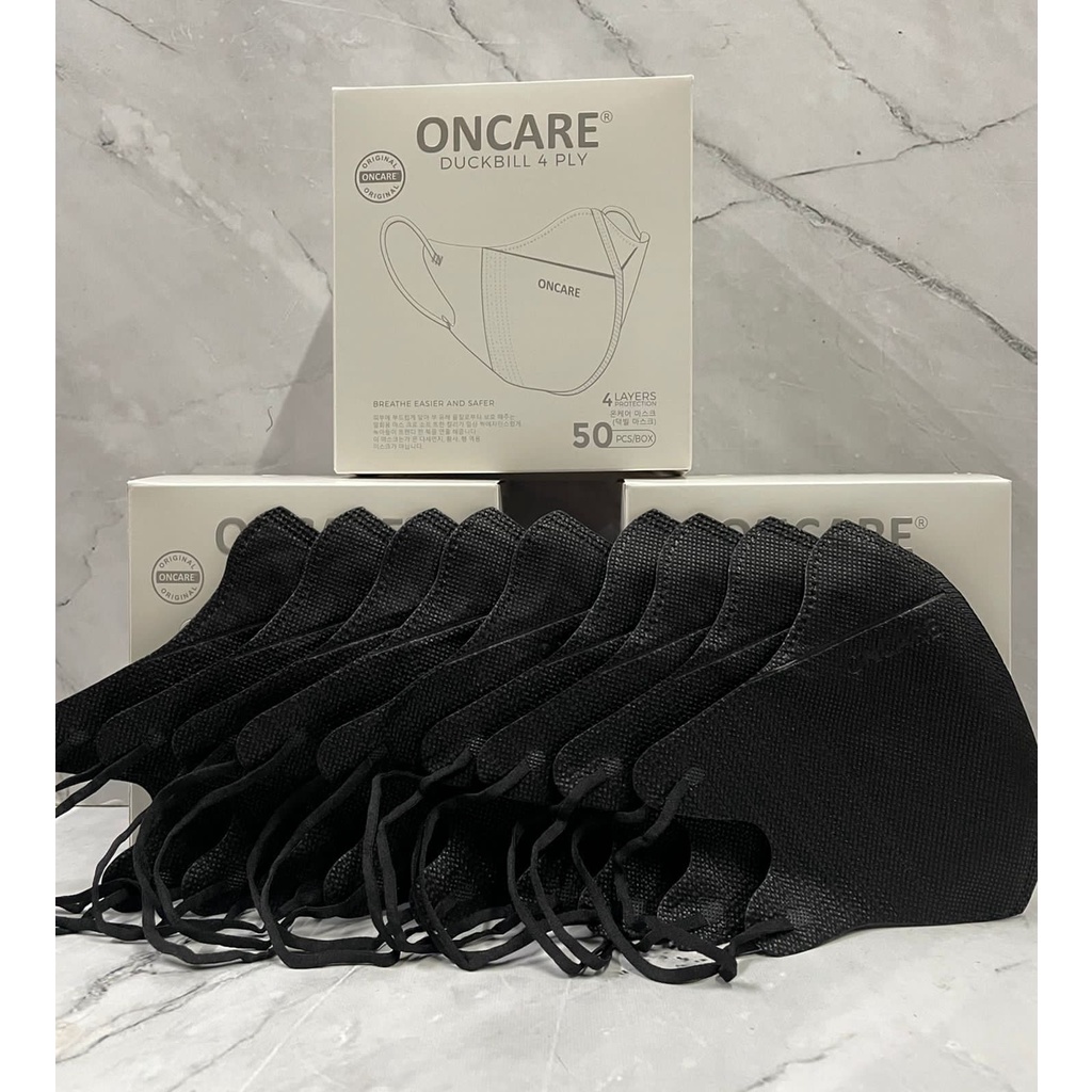 MASKER DUCKBILL HITAM PUTIH ADA EMBOS ONCARE 1 BOX ISI 50PCS